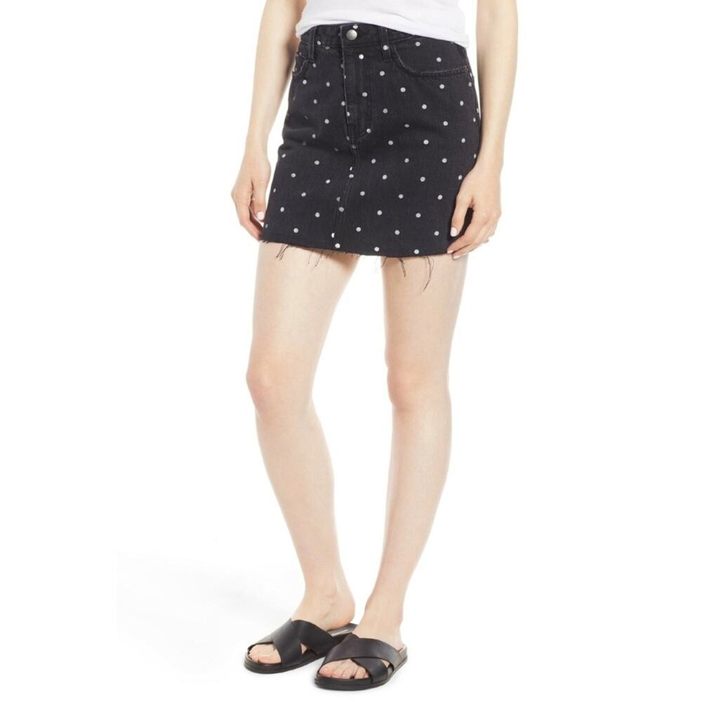 Current/Elliott Five-Pocket Cutoff Denim Mini Skirt Black Polka Dot
